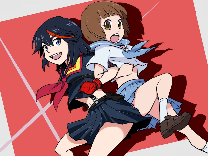 2girls, back-to-back, black_hair, blue_eyes, brown_eyes, brown_hair, gloves, kashiwabooks, kill_la_kill, locked_arms, mankanshoku_mako, matoi_ryuuko, midriff, multicolored_hair, multiple_girls, navel, open_mouth, school_uniform, senketsu, serafuku, short_hair, skirt, smile, streaked_hair, suspenders