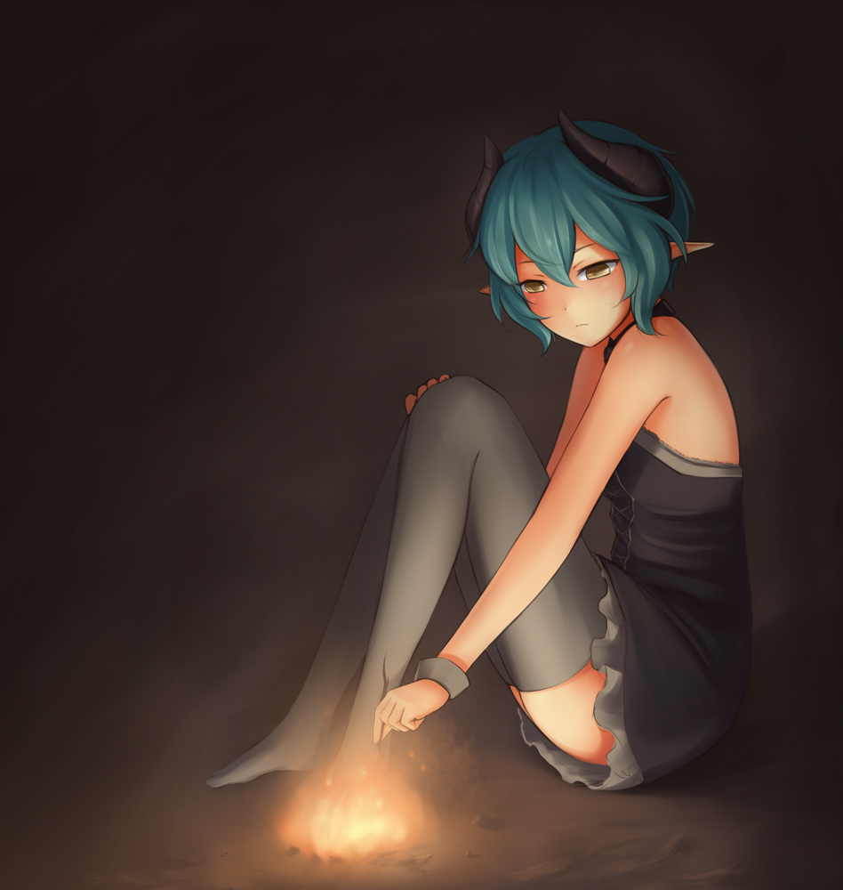 1girl, bare_shoulders, branch, choker, demon_girl, dress, fiend_(juniper's_knot), fire