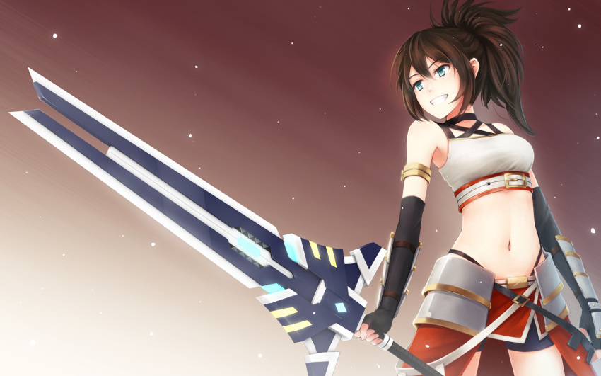 1girl, ade_(emi-tan), bare_shoulders, bike_shorts, blue_eyes, breasts, brown_hair, elbow_gloves