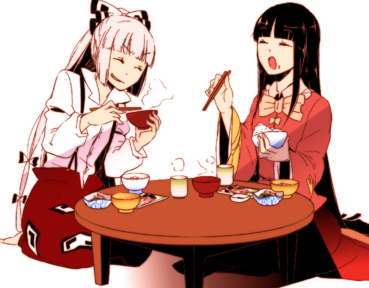 2girls, bowl, bowtie, chopsticks, closed_eyes, crashtv, cup, eating, food, food_on_face, friends, fujiwara_no_mokou, grin, hair_ribbon, houraisan_kaguya, long_hair, multiple_girls, ponytail, ribbon, sitting, smile, table, touhou, very_long_hair, wariza