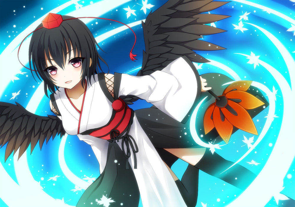 1girl, bird_wings, blue_background, breasts, collarbone, detached_sleeves, flying, hat, kourindou_tengu_costume, leaf, leaf_background, leaf_fan, leg_up, light_trail, looking_at_viewer, maple_leaf, parted_lips, red_eyes, shameimaru_aya, short_hair, solo, soraneko93, thighhighs, tokin_hat, touhou