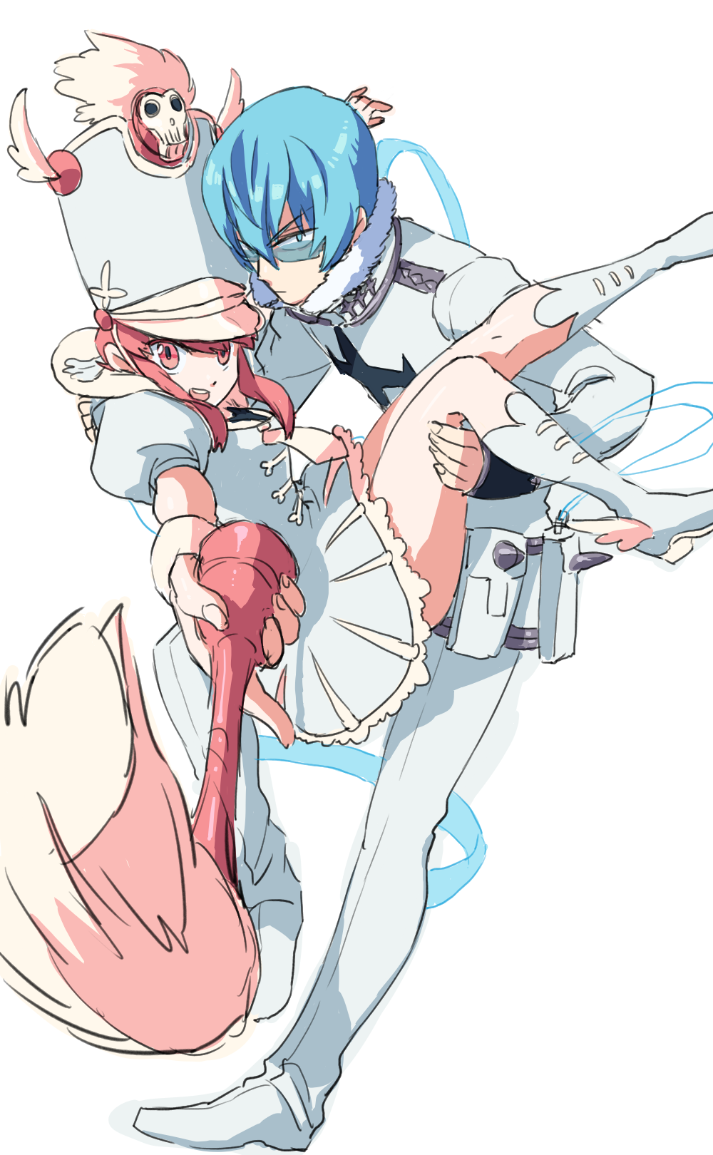 1boy, 1girl, baton, blue_eyes, blue_hair, carrying, glasses, hat