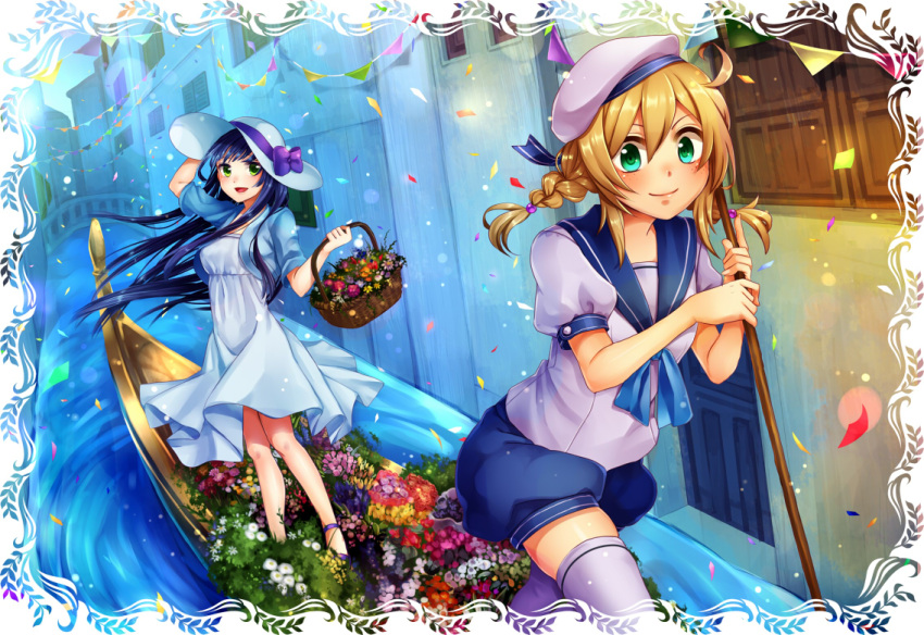 2girls, basket, blue_hair, boat, braid, brown_hair, dress, flower