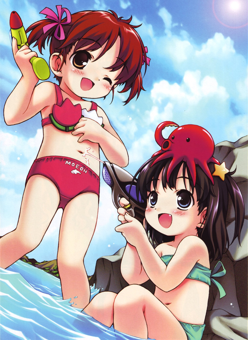2girls, bikini, black_hair, blue_eyes, blush, brown_eyes, brown_hair, child, crayon_arts, fang, highres, kikurage_(crayon_arts), multiple_girls, navel, ocean, octopus, original, ribbon, short_hair, sky, smile, squatting, swimsuit, twintails, two_side_up, wading, water, water_gun, wink