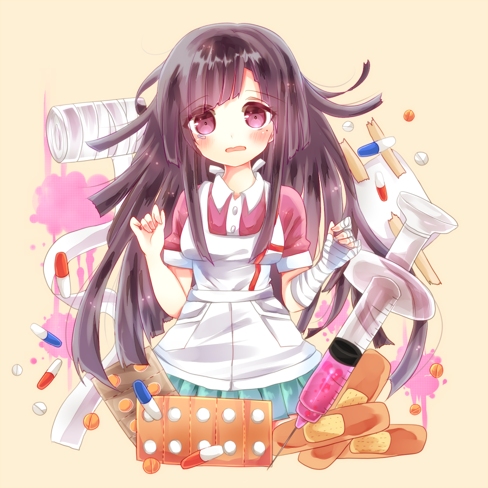 1girl, apron, bandages, bandaid, breasts, dangan_ronpa, long_hair, medicine