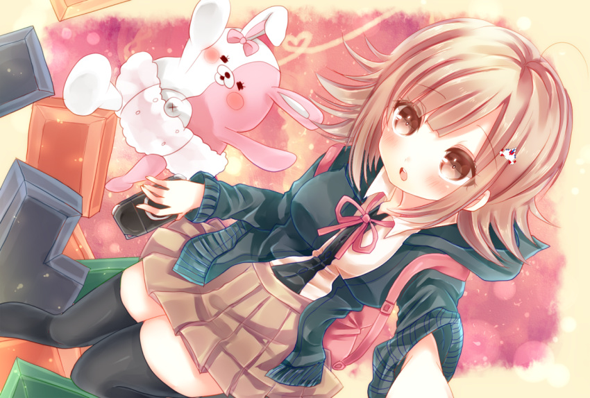 1girl, backpack, bag, black_legwear, dangan_ronpa, flipped_hair, hair_ornament, hairclip