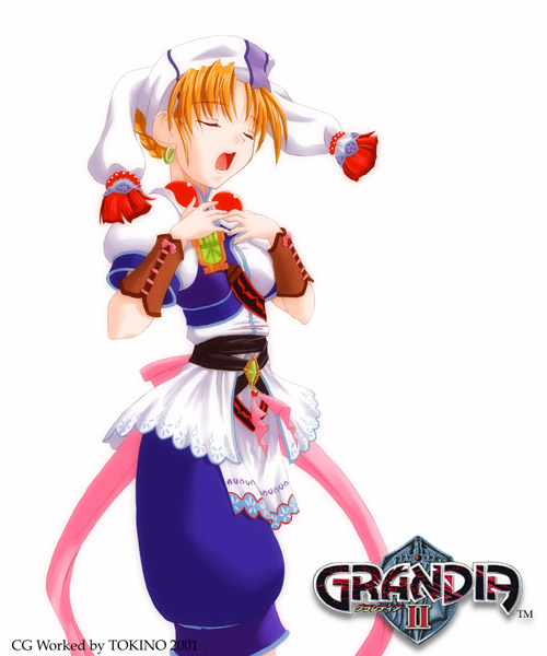 earrings, elena_(grandia), grandia, grandia_ii, head_scarf, jewelry, logo, singing