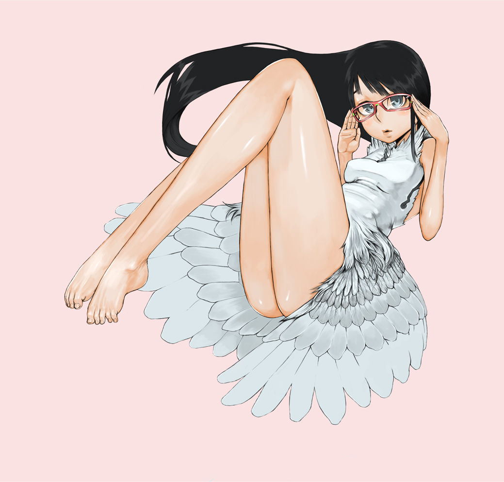 1girl, barefoot, black_hair, blue_eyes, blush, dress, feathers, glasses