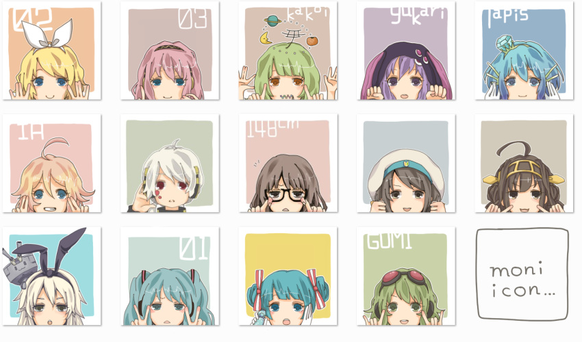 1boy, 6+girls, ahoge, aoki_lapis, aqua_eyes, aqua_hair, artist_name, artist_self-insert, blonde_hair, blue_eyes, blue_hair, bottle, bow, brown_eyes, brown_hair, character_name, character_request, crossover, double_v, english, error_musume, girl_holding_a_cat_(kantai_collection), glasses, goggles, goggles_on_head, green_eyes, green_hair, gumi, hair_bow, hair_bun, hair_ornament, hairband, hand_gesture, hat, hatsune_miku, headgear, headphones, hooded_jacket, ia_(vocaloid), kagamine_rin, kagerou_project, kantai_collection, kongou_(kantai_collection), konoha_(kagerou_project), long_hair, megurine_luka, multiple_girls, nizimine_kakoi, number, personification, pink_hair, ponytail, purple_hair, radio_antenna, red_eyes, rensouhou-chan, shimakaze_(kantai_collection), short_hair, sidelocks, twintails, utau, v, violet_eyes, vocaloid, voiceroid, white_hair, yuzuki_yukari