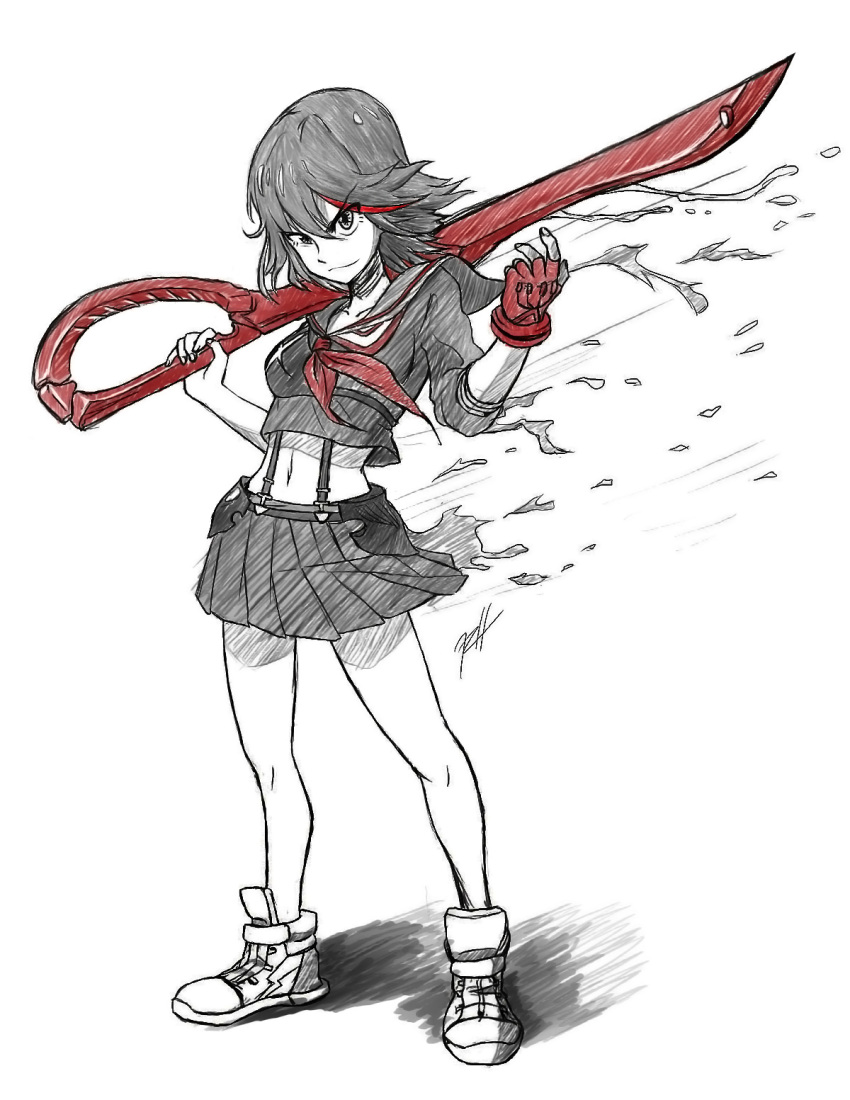 1girl, highres, kill_la_kill, matoi_ryuuko, midriff, multicolored_hair, navel, over_shoulder