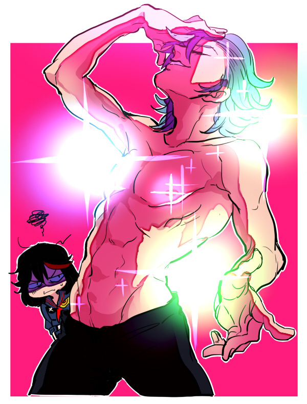 1boy, 1girl, annoyed, kill_la_kill, kogashirou, male, matoi_ryuuko, mikisugi_aikurou, senketsu, shirtless, solo_focus, sparkle