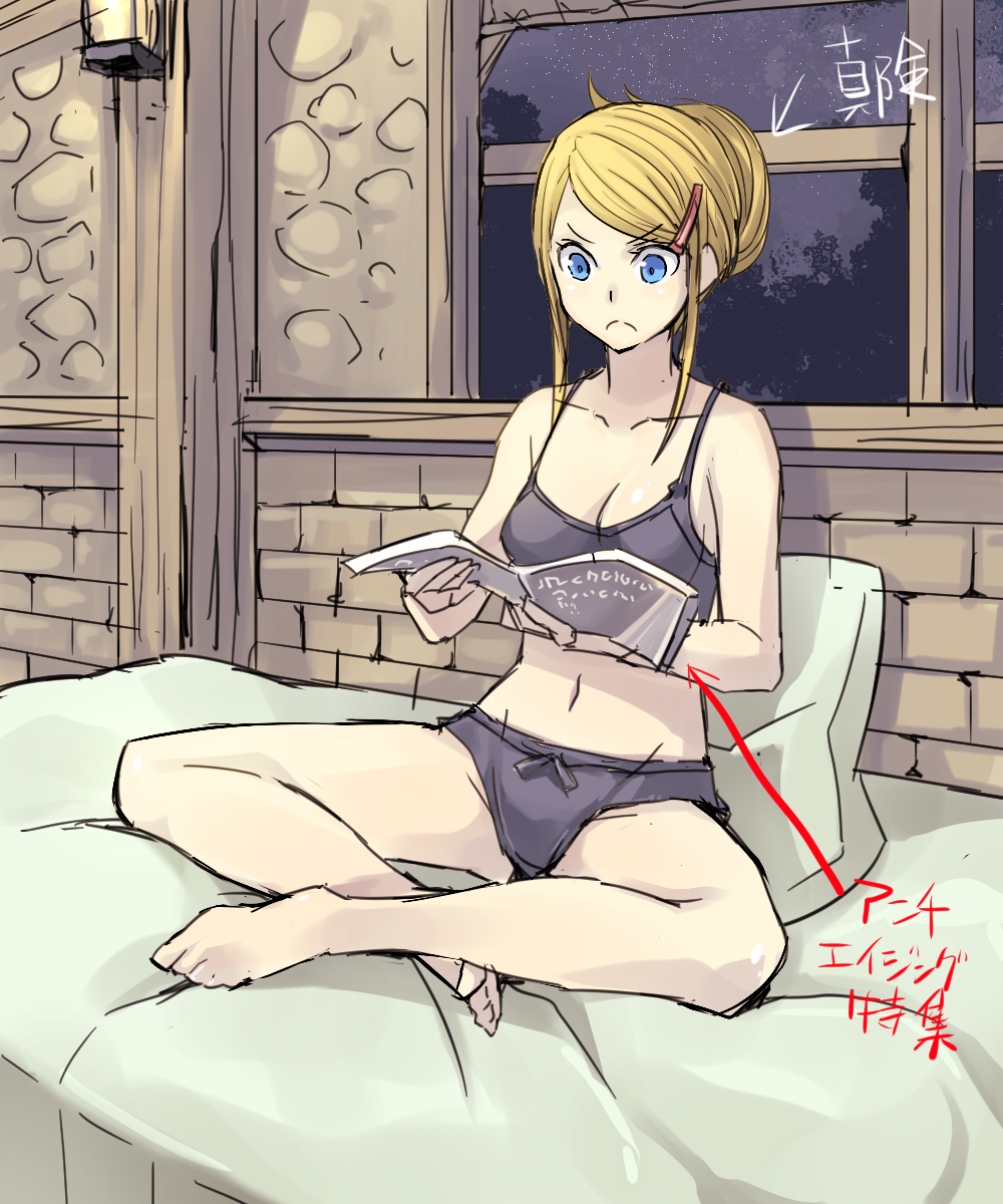 1girl, bed, blonde_hair, blue_eyes, hair_bun, hair_ornament, hairclip, highres