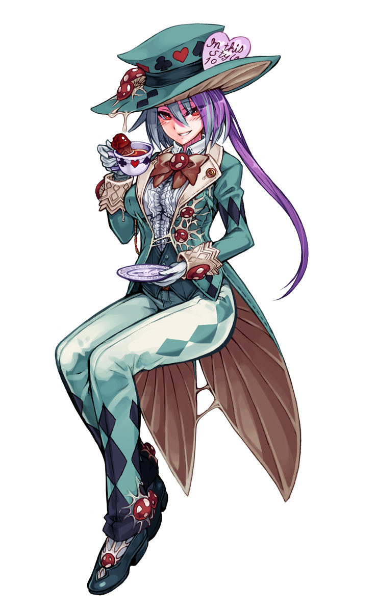 1girl, cup, hat, highres, kenkou_cross, looking_at_viewer, mad_hatter_(monster_girl_encyclopedia), monster_girl_encyclopedia, multicolored_hair, mushroom, official_art, ponytail, purple_hair, red_eyes, solo, tea, teacup