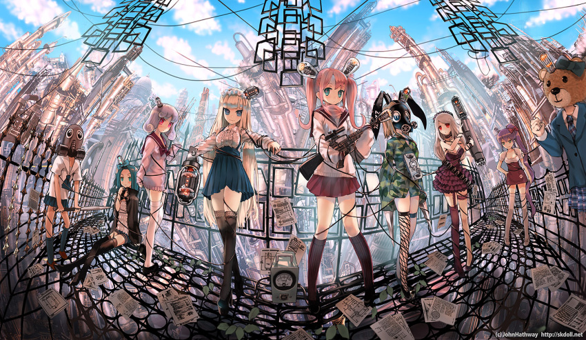 1boy, 6+girls, artist_name, blonde_hair, blue_eyes, blue_hair, boots, bow