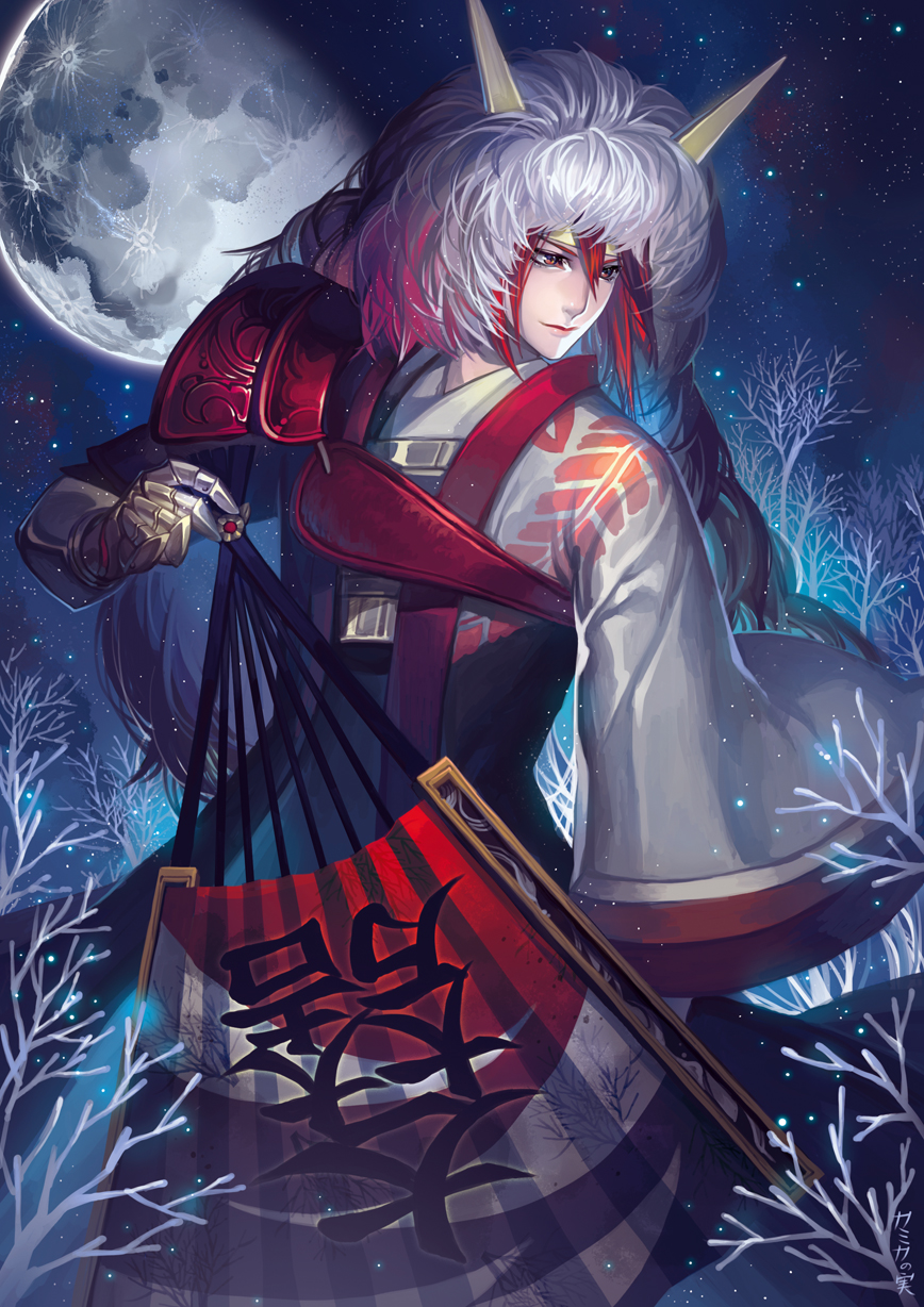 1boy, armor, fan, folding_fan, gauntlets, highres, horns, ishida_mitsunari_(sengoku_musou)