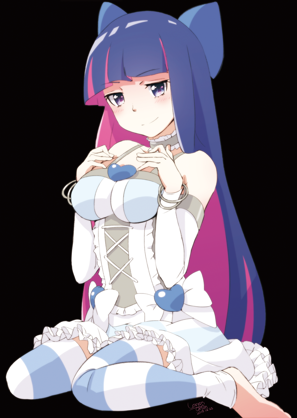 1girl, blue_eyes, highres, long_hair, multicolored_hair, panty_&amp;_stocking_with_garterbelt, solo, stocking_(psg), striped, striped_legwear, suzumeko, thighhighs, two-tone_hair