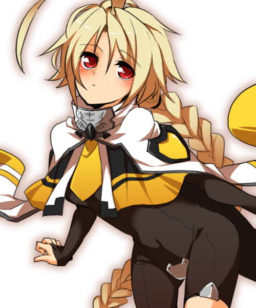 1girl, ahoge, blazblue, blonde_hair, bodysuit, cape, lambda-11, puchi-pochi, red_eyes