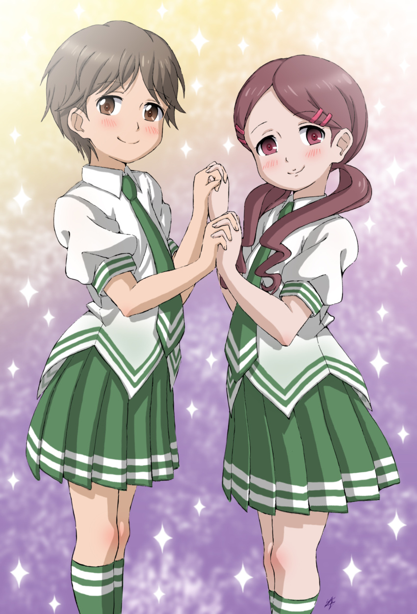 2girls, absurdres, blush, brown_eyes, brown_hair, glasses, hair_ornament, hairclip