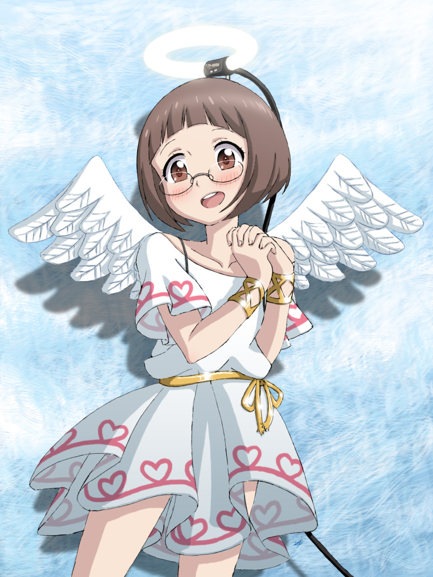 1girl, angel_costume, angel_wings, blush, brown_eyes, brown_hair, glasses, highres