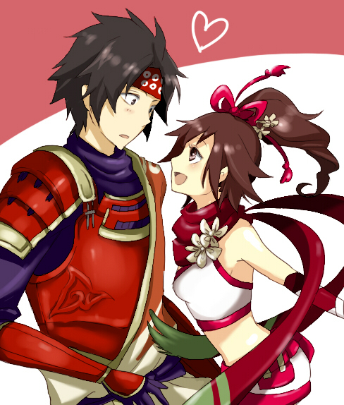 armor, black_hair, brown_hair, headband, kunoichi_(sengoku_musou), long_hair, momomura, ponytail, sanada_yukimura, scarf, sengoku_musou, sengoku_musou_3, short_hair