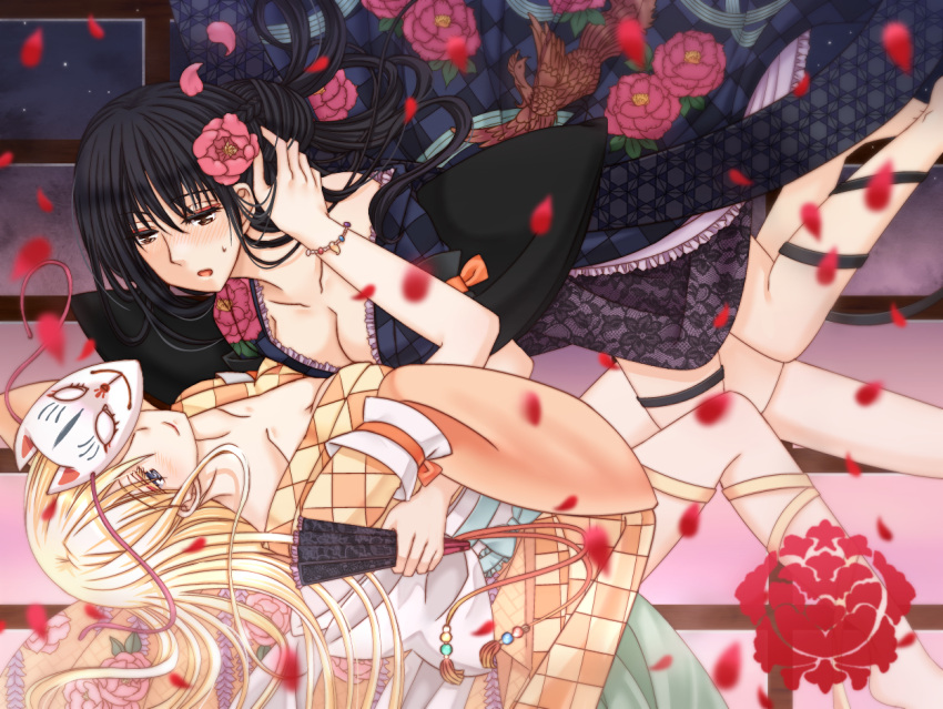 2girls, black_clothes, black_hair, blonde_hair, blue_eyes, blush, brown_eyes, fan, floating, floral_print, flower, flower_on_head, fox_mask, hair_between_eyes, hair_bun, hand_on_another's_cheek, hand_on_another's_face, hand_on_another's_hip, japanese_clothes, jewelry, kimono, light_smile, long_hair, looking_at_another, mask, multiple_girls, night, open_mouth, original, petals, star_(sky), willowonion, window, yellow_clothes, yuri