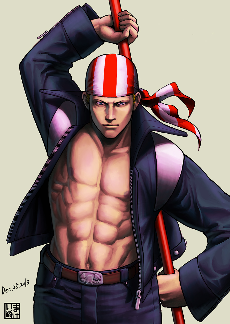 1boy, abs, bandana, belt_buckle, billy_kane, blue_eyes, dated, highres