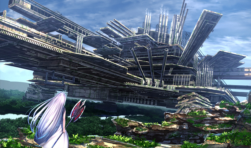 1girl, battle_axe, blue_sky, cannon, clouds, dress, forest, fortress