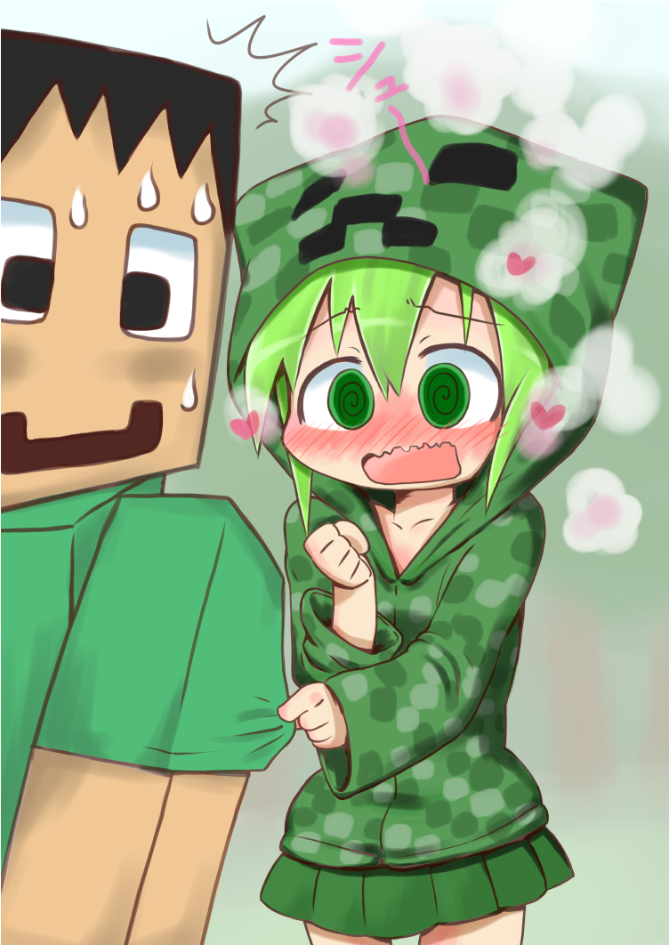 1girl, bangs, black_eyes, black_hair, blush, clenched_hand, collarbone, creeparka, creeper, green_eyes, green_hair, green_skirt, hajimu_orbital, heart, hoodie, looking_over_shoulder, minecraft, personification, short_hair, skirt, sleeve_tug, smile, solo, steam, steve?, swept_bangs, wavy_mouth