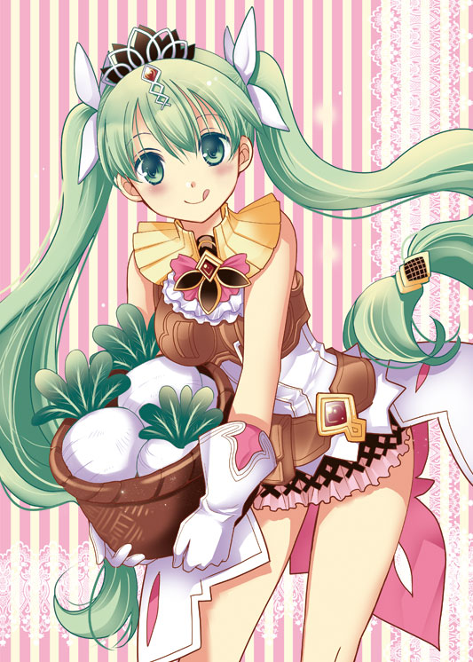 1girl, :p, cravat, frey_(rune_factory), gloves, green_eyes, green_hair, jewelry