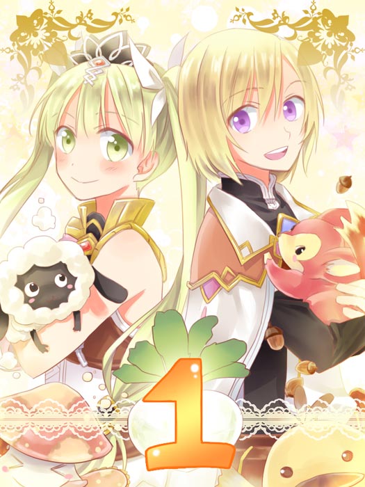 1boy, 1girl, :d, blonde_hair, blush, frey_(rune_factory), green_eyes, green_hair