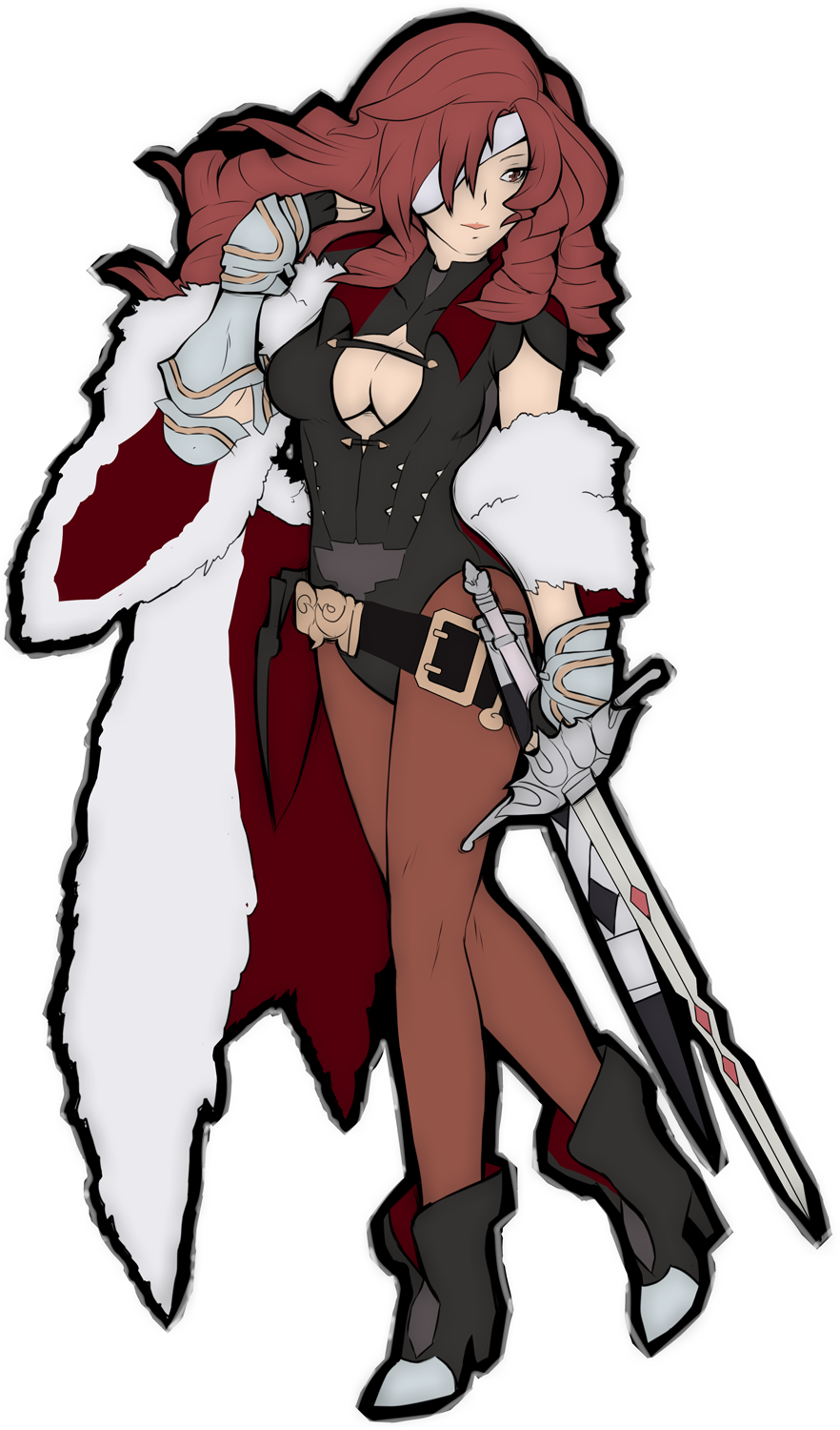 1girl, ankle_boots, beatrix, belt, boots, breasts, brown_eyes, brown_hair