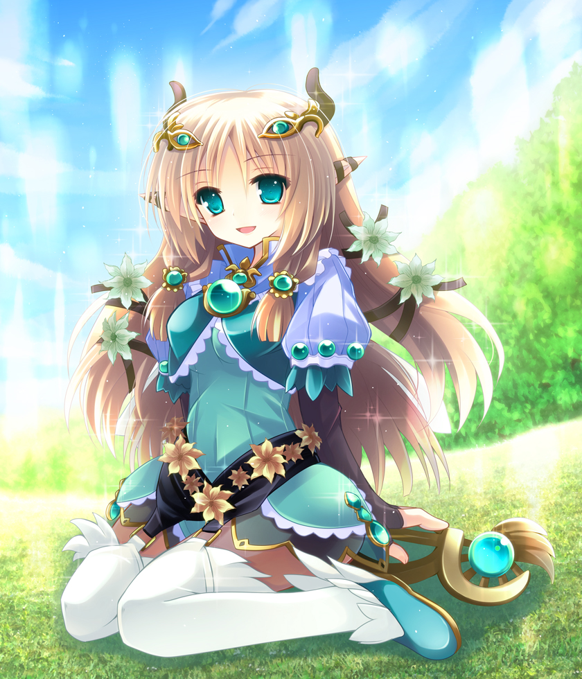 1girl, :d, blonde_hair, blue_eyes, flower, garter_belt, kannonouji, long_hair