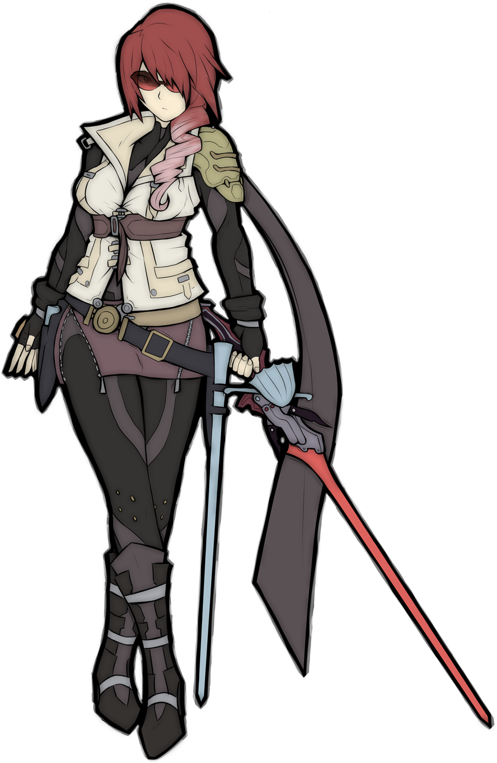 1girl, asymmetrical_hair, bodysuit, breasts, drill_hair, final_fantasy, final_fantasy_xiii, fusion, gradient_hair, highres, kirijou_mitsuru, lightning_farron, miniskirt, multicolored_hair, persona, persona_4:_the_ultimate_in_mayonaka_arena, puroburebu-dan, rapier, scabbard, sheath, shoulder_pads, side_slit, skirt, solo, sunglasses, sunglasses_on_head, sword, transparent_background, unsheathed, weapon