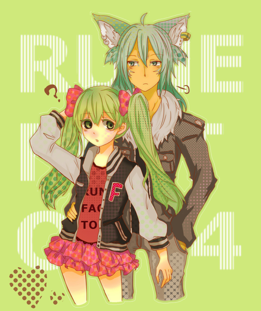1boy, 1girl, alternate_costume, animal_ears, aqua_hair, bow, couple, earrings