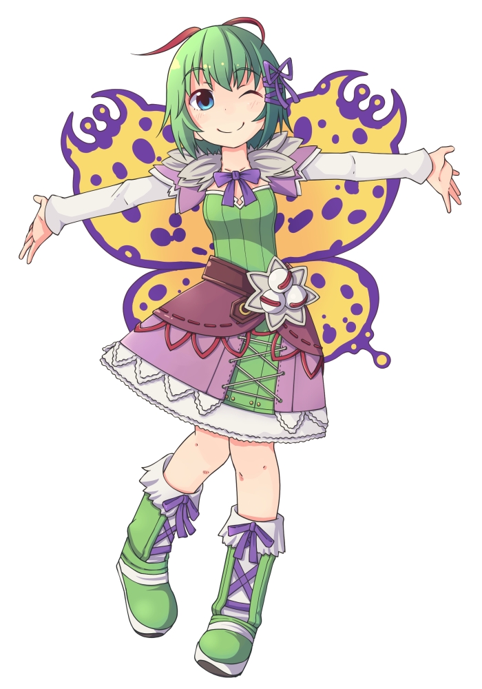 1girl, blue_eyes, boots, bow, dress, green_hair, hair_ribbon, jito