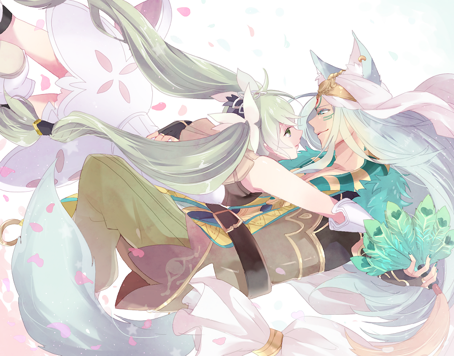 animal_ears, blue_hair, fan, fox_ears, frey_(rune_factory), gloves, green_hair, leon_(rune_factory)