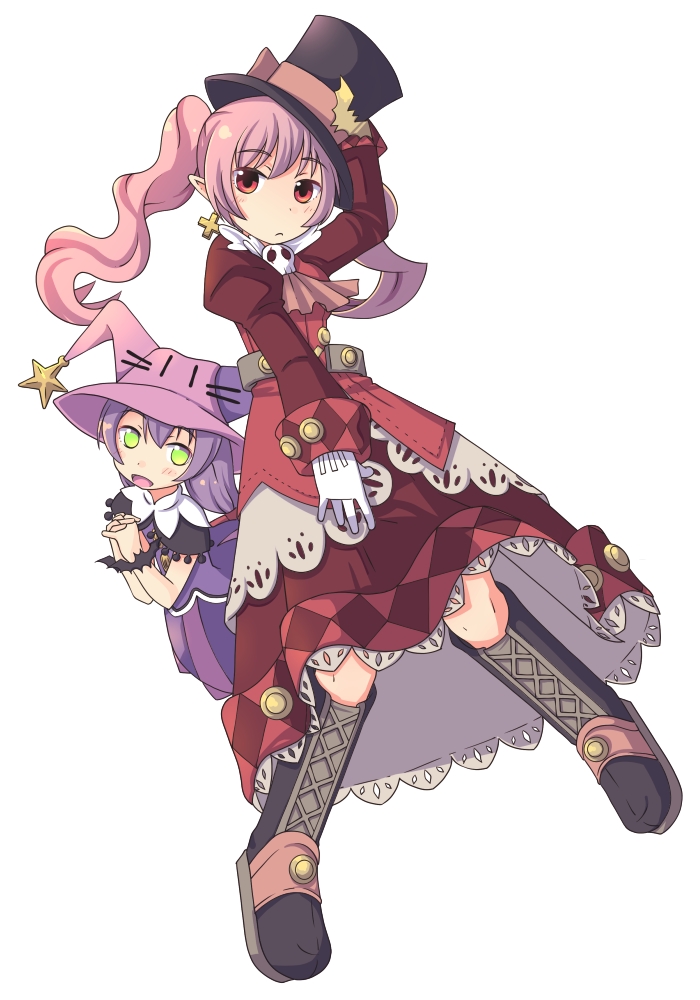 2girls, belt, boots, cross, dolce_(rune_factory), dress, earrings, gloves