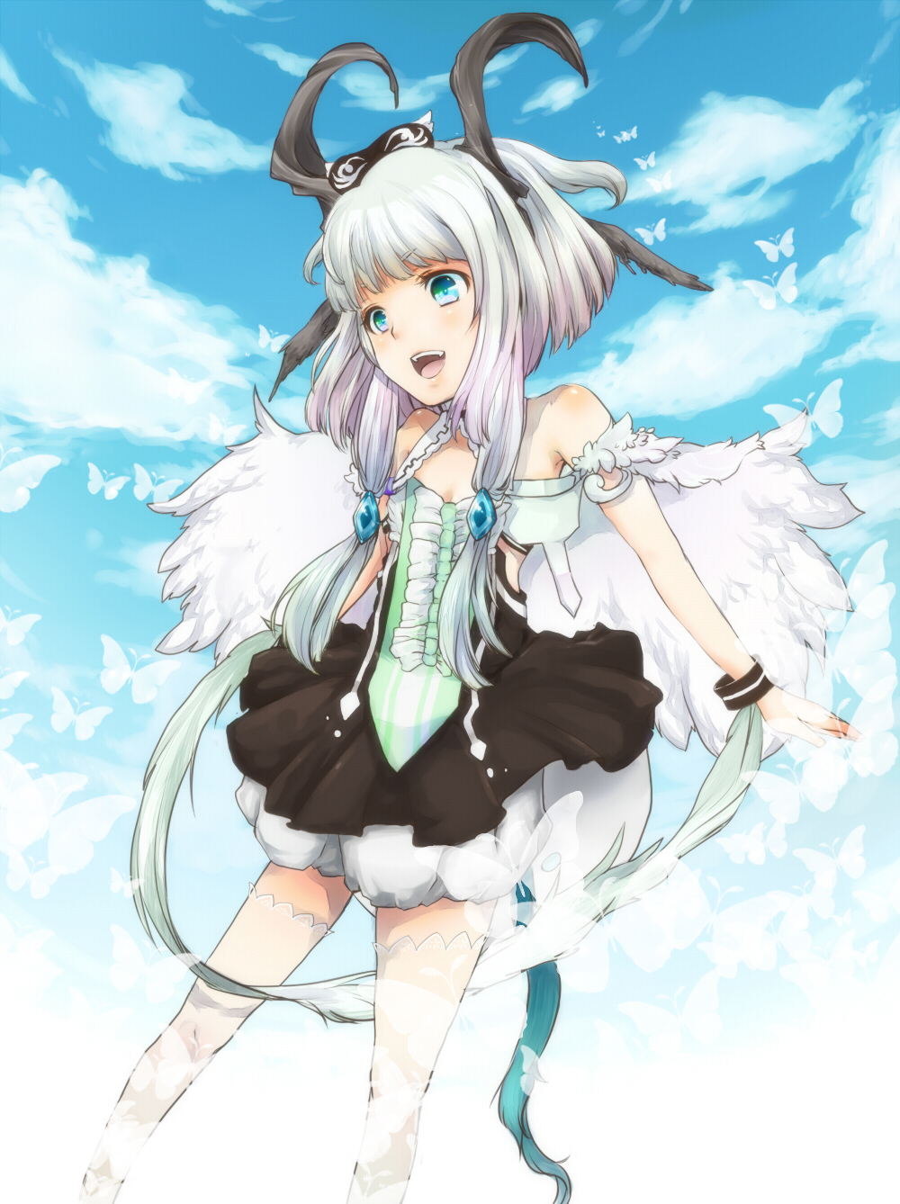 1girl, :d, blue_eyes, blue_hair, dragon_girl, dragon_horns, dress, highres, horns, open_mouth, otkmk, rune_factory, rune_factory_4, selzawill, smile, solo, thighhighs, twintails, white_legwear