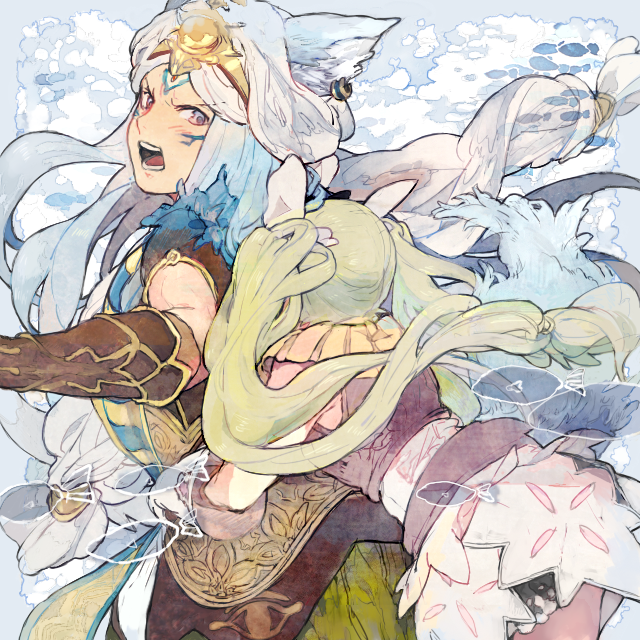 1boy, 1girl, animal_ears, blue_hair, couple, fox_ears, frey_(rune_factory), gloves