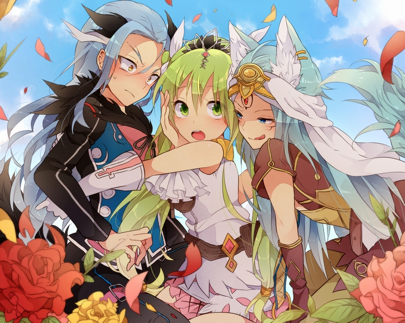 1girl, 2boys, :p, animal_ears, blue_hair, blush, diras, fox_ears
