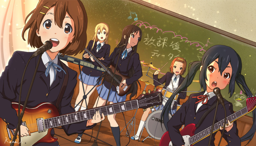 5girls, akiyama_mio, black_eyes, black_hair, blonde_hair, blue_eyes, brown_eyes, brown_hair