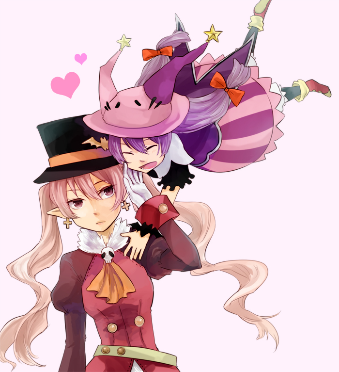 2girls, belt, cravat, cross, dolce_(rune_factory), earrings, gloves, hat