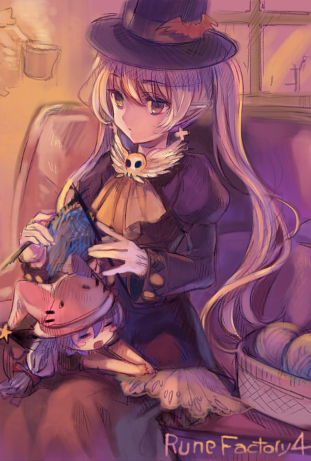 2girls, ame_yamori, cravat, cross, dolce_(rune_factory), earrings, gloves, hat