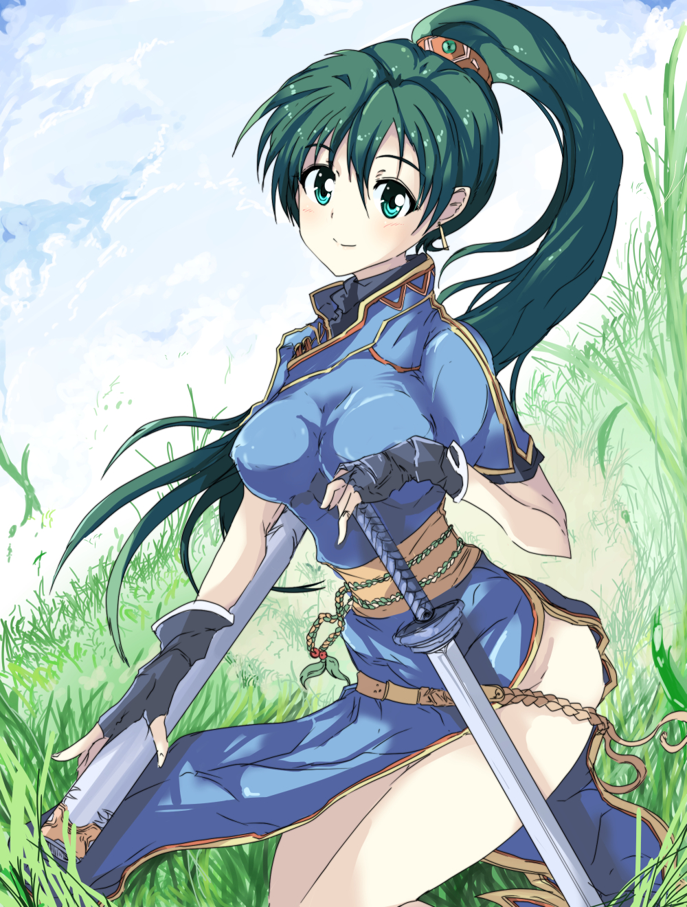 1girl, blush, echizen_(hvcv), fingerless_gloves, fire_emblem, fire_emblem:_rekka_no_ken, gloves, green_eyes