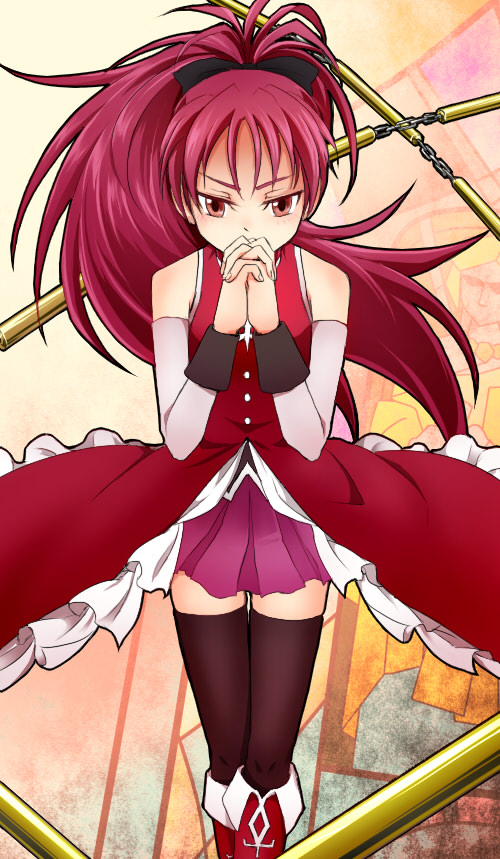 1girl, doyamatsu, mahou_shoujo_madoka_magica, ponytail, red_eyes, red_hair, redhead, sakura_kyouko
