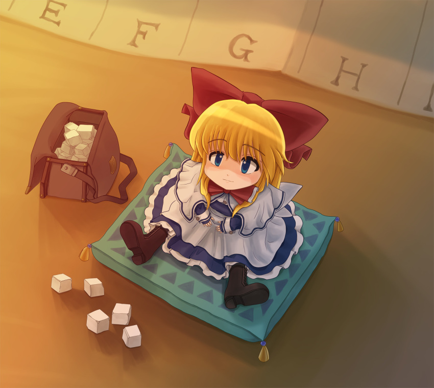 1girl, bag, blonde_hair, blue_eyes, boots, bow, cushion, dress, from_above, hair_bow, highres, jade_(zbbc), long_hair, looking_at_viewer, looking_up, minigirl, shanghai_doll, sitting, solo, touhou