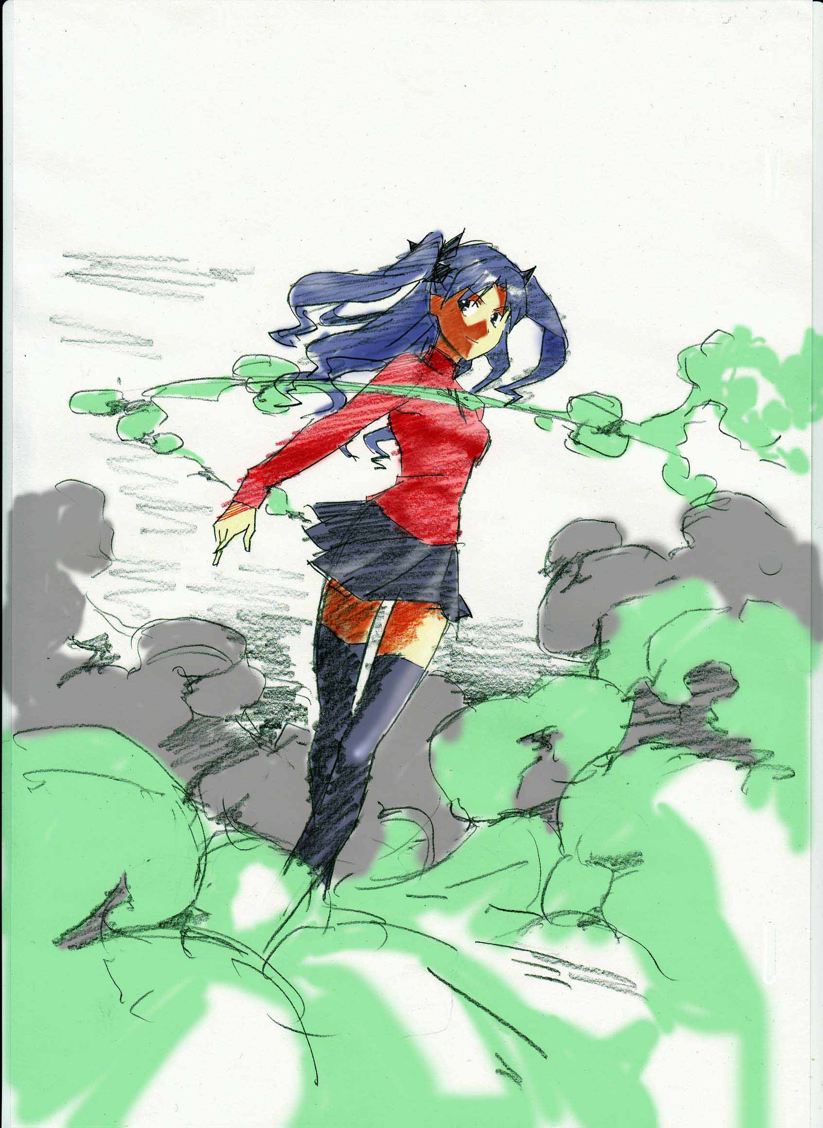 1girl, black_legwear, black_skirt, blue_eyes, blue_hair, bow, colored_smoke, cross