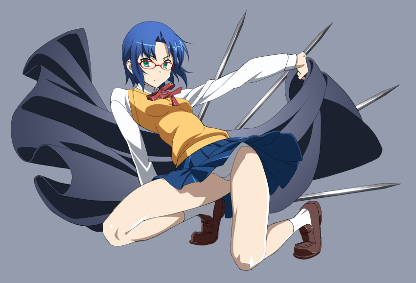 1girl, black_keys, blazer, blue_hair, blue_skirt, ciel, cloak, glasses
