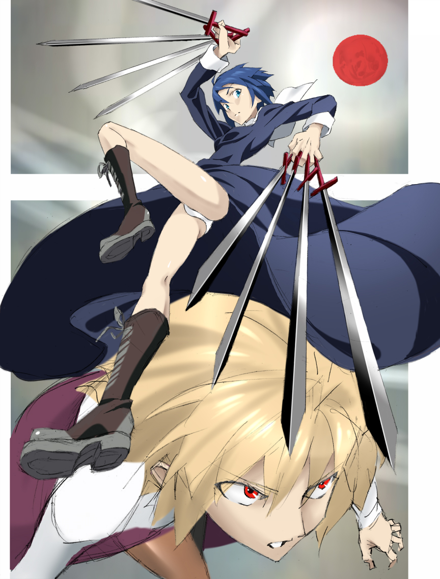 2girls, arcueid_brunestud, black_keys, blonde_hair, blue_hair, boots, ciel, claw_pose, cross-laced_footwear, divekick_(attack), foreshortening, green_eyes, habit, knives_between_fingers, kurai_hisashi, legs, long_skirt, long_sleeves, looking_at_viewer, looking_up, moon, multiple_girls, panties, pantyhose, pantyshot, payot, purple_skirt, red_eyes, red_moon, running, shirt, short_hair, skirt, tsukihime, underwear, white_panties, white_shirt