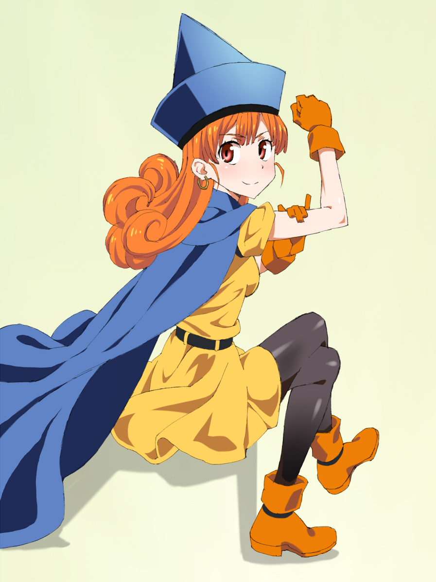 1girl, alena, arm_pump, belt, black_legwear, boots, cape, crossed_legs_(sitting)